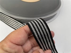 Blød elastik - sort med sølv stribe, 2,5 cm